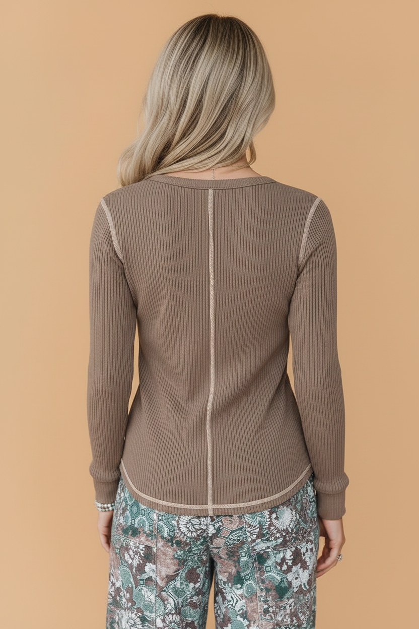 Solid Ribbed Contrast Stitching V-Neck Long Sleeve Top