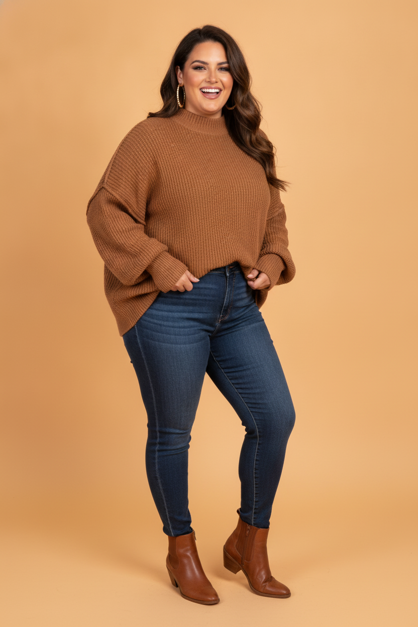 Plus Size Solid Ribbed Trim Long Sleeve Oversized Sweater