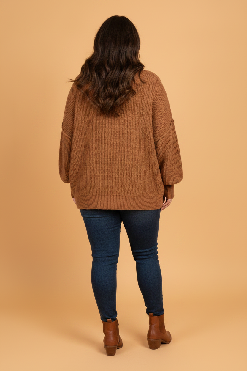 Plus Size Solid Ribbed Trim Long Sleeve Oversized Sweater