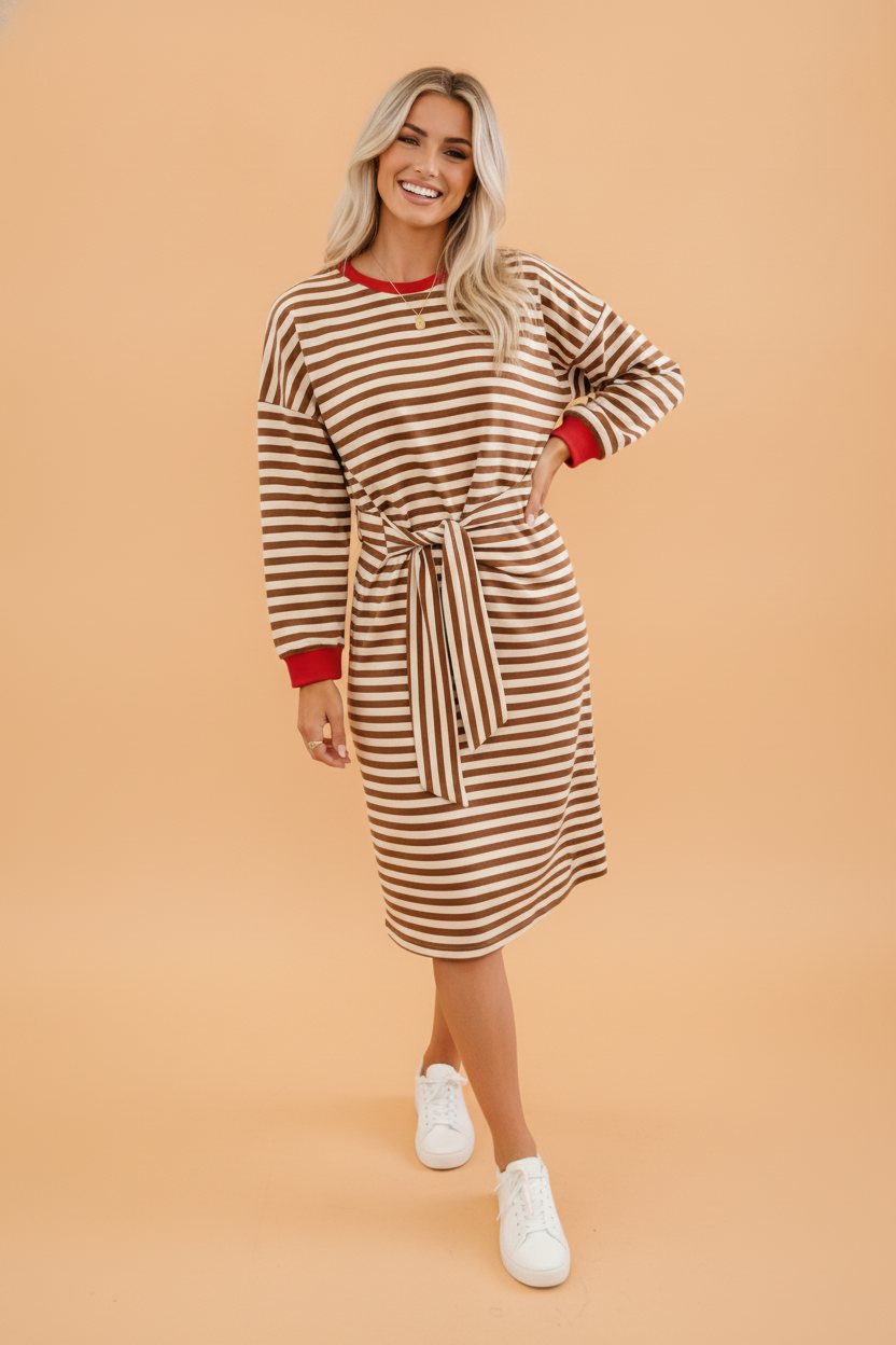Stripe Colorblock Long Sleeve Tie Waist Dress