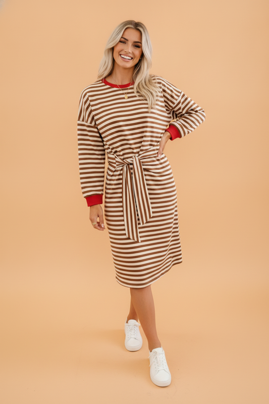 Stripe Colorblock Long Sleeve Tie Waist Dress