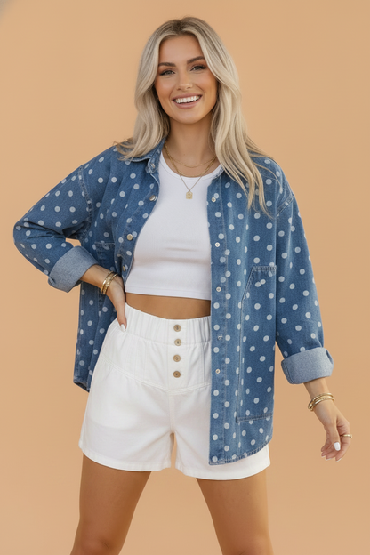 Polka Dot Denim Collared Button Up Jacket