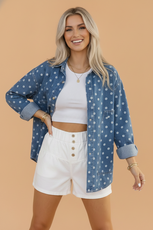 Polka Dot Denim Collared Button Up Jacket