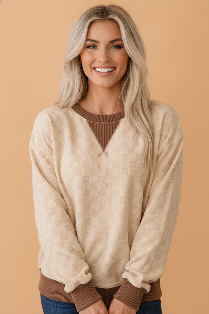 Checker Corded Knit Contrast Trim Long Sleeve Top