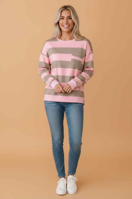 Stripe Colorblock Patch Pocket Long Sleeve Oversized Sweatshirt
