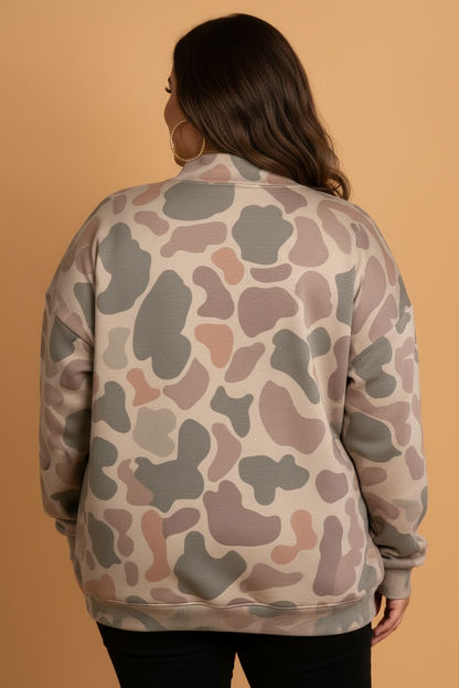 Plus Size Camo Ribbed Mock Neck Long Sleeve Sweatshirt