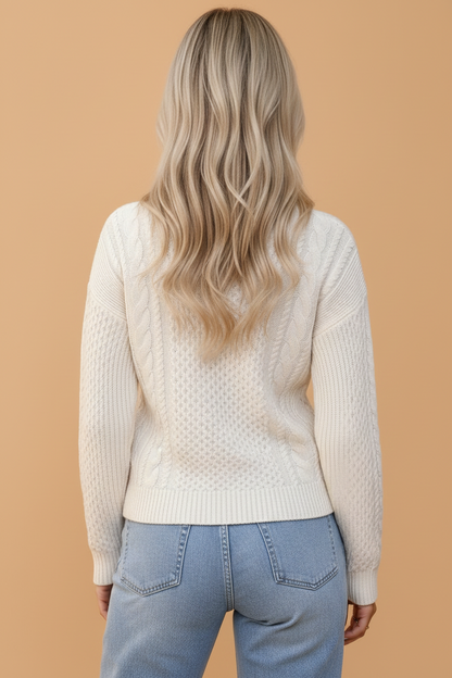 Solid Cable Knit Round Neck Long Sleeve Sweater