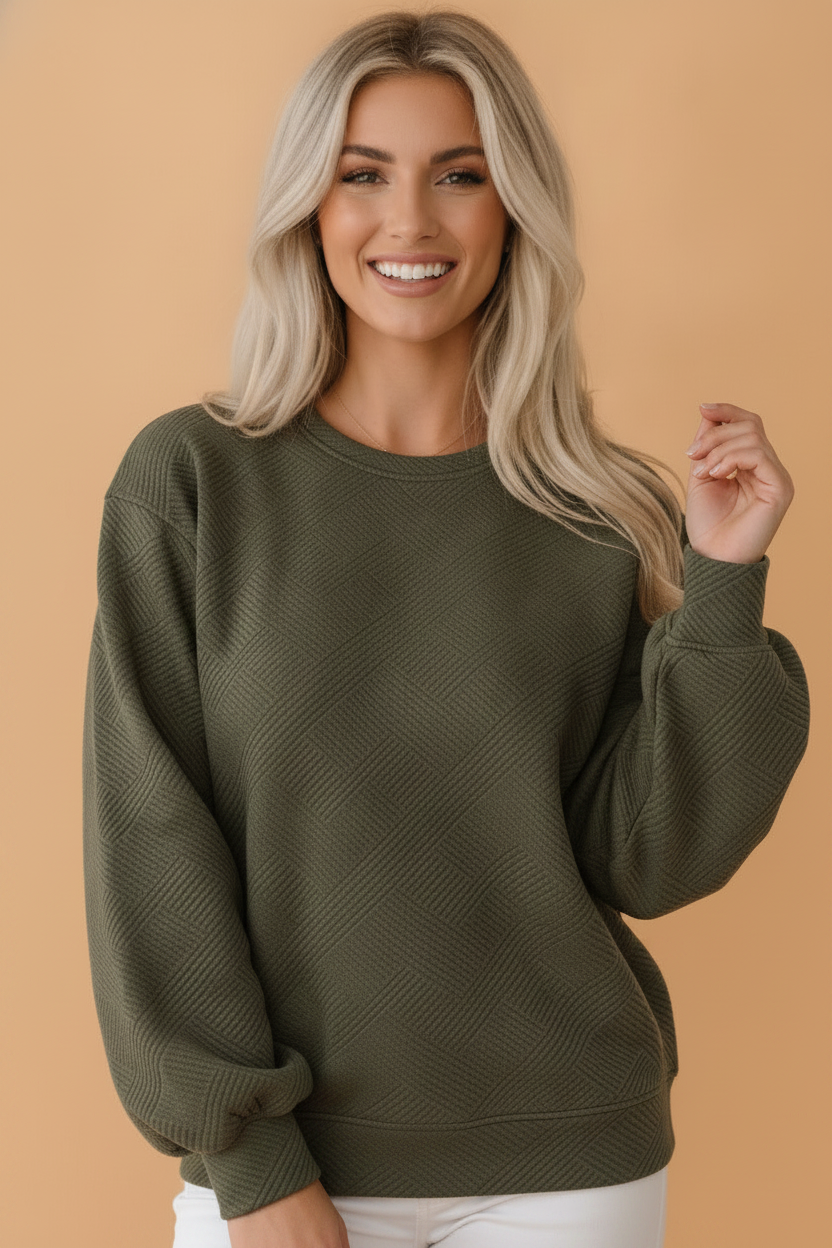 Solid Textured Round Neck Drop Shoulder Sweatshirt