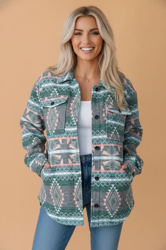 Aztec Geometric Long Sleeve Button Front Shacket