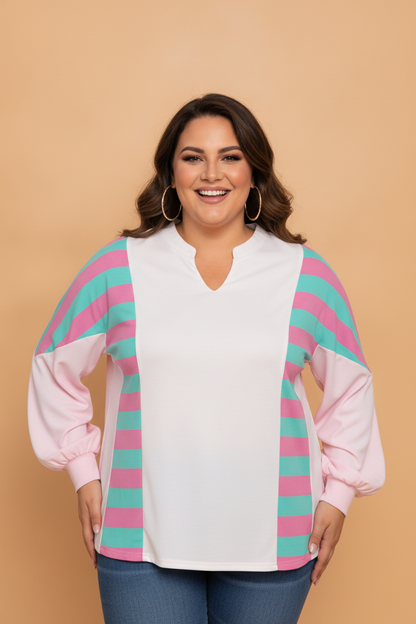 Plus Size Stripe Colorblock V-Neck Long Sleeve Blouse