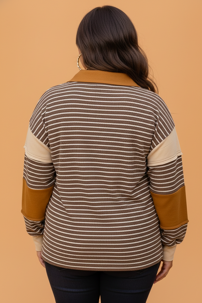 Plus Size Stripe Colorblock V-Neck Long Sleeve Top