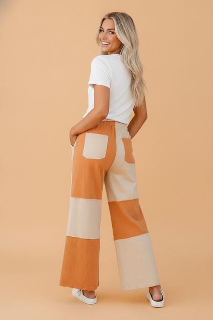 Colorblock Raw Seam Wide Leg Ankle Length Pants