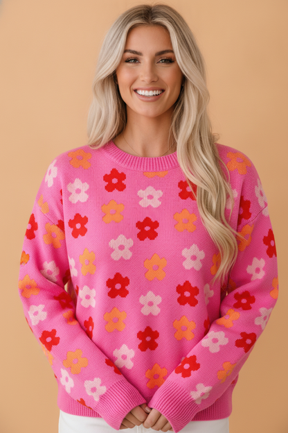 Flower Ribbed Trim Drop Shoulder Sweater