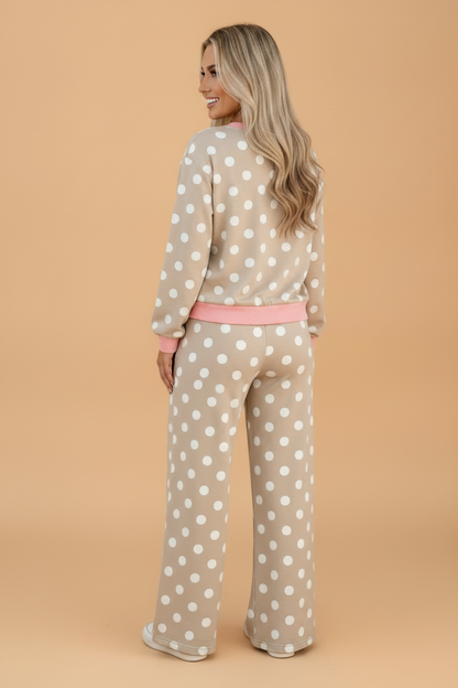 Polka Dot Long Sleeve Top & Drawstring Pants Set