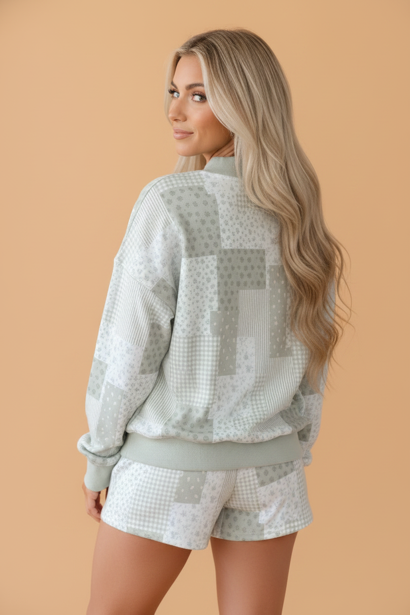 Floral Patchwork Sweatshirt & Drawstring Shorts Set