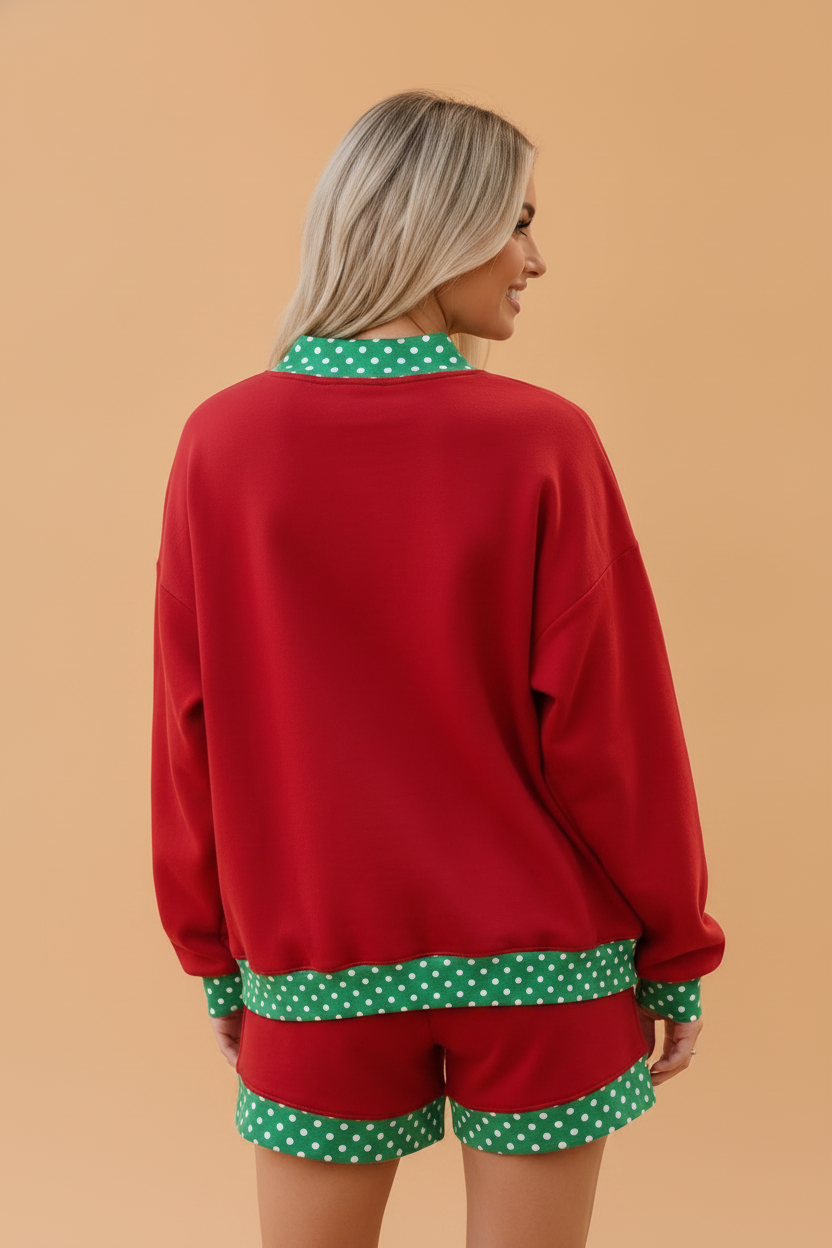 Polka Dot Contrast Trim Sweatshirt & Shorts Set