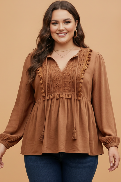 Plus Size Boho Embroidered Tassel Tie Long Sleeve Blouse