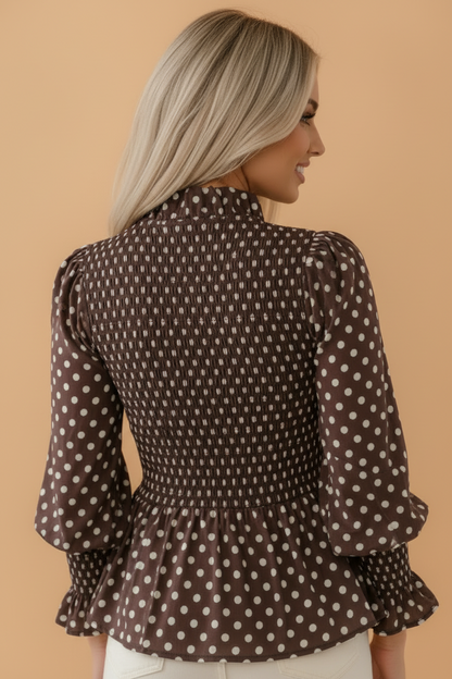 Polka Dot Shirred Ruffle Hem Long Sleeve Blouse