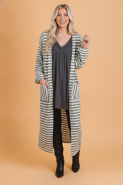 Stripe Puff Sleeve Oversized Open Front Cardigan