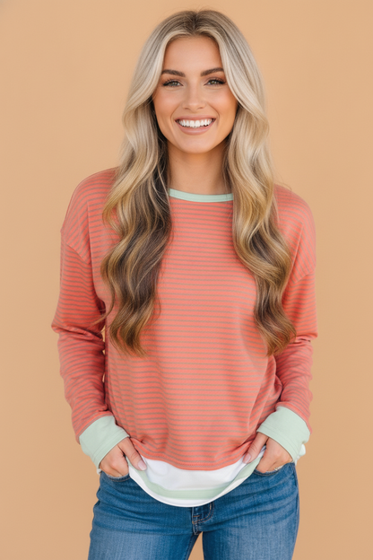 Stripe Colorblock Raw Seam Long Sleeve Top