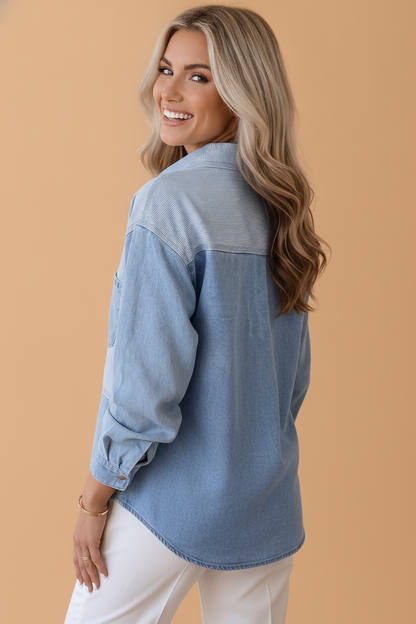 Stripe Denim Patchwork Button Down Shacket