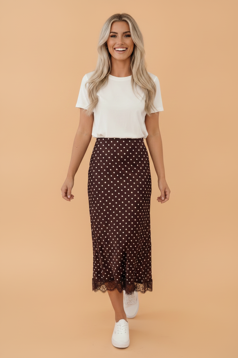 Polka Dot Lace Hem Midi Skirt