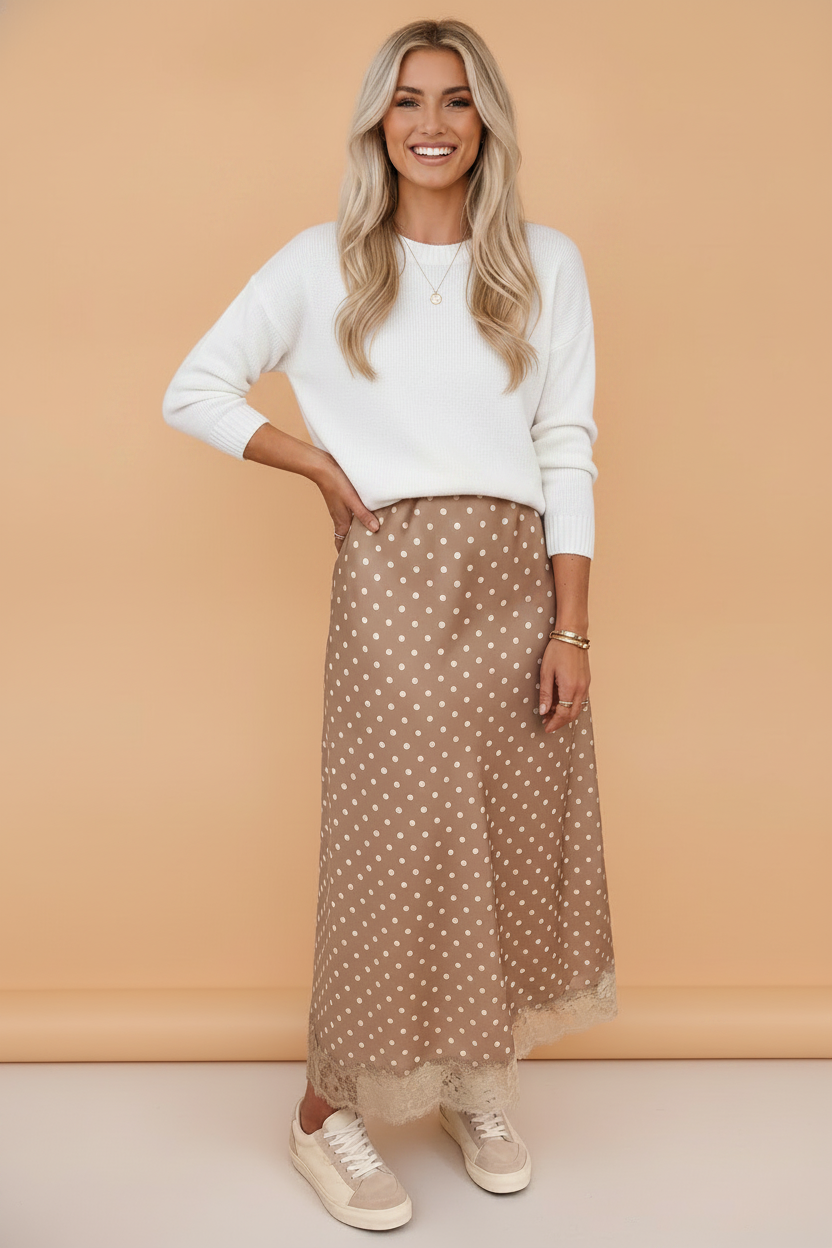 Polka Dot Lace Hem Midi Skirt