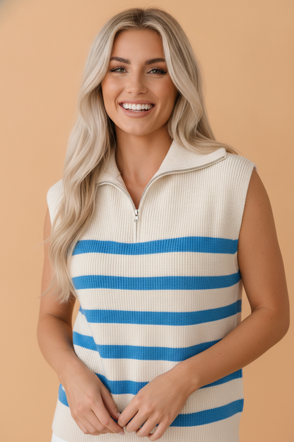 Stripe Ribbed Half-Zip Collar Sleeveless Sweater