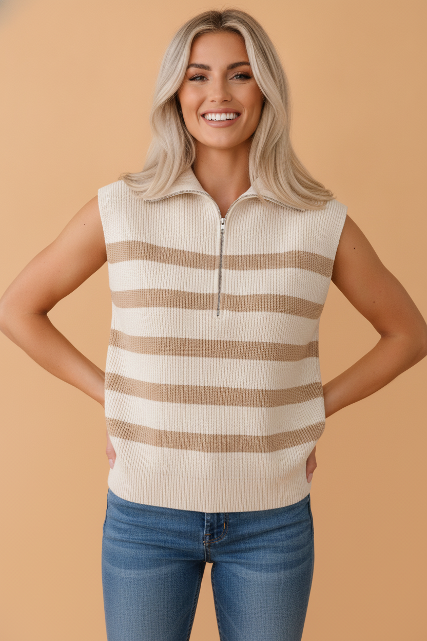 Stripe Ribbed Half-Zip Collar Sleeveless Sweater