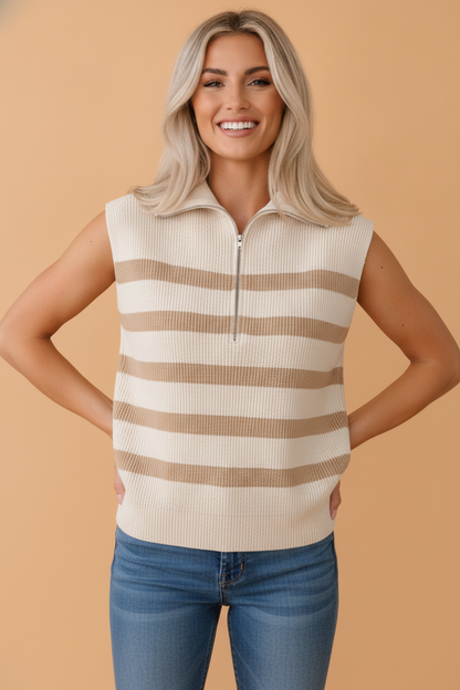 Stripe Ribbed Half-Zip Collar Sleeveless Sweater