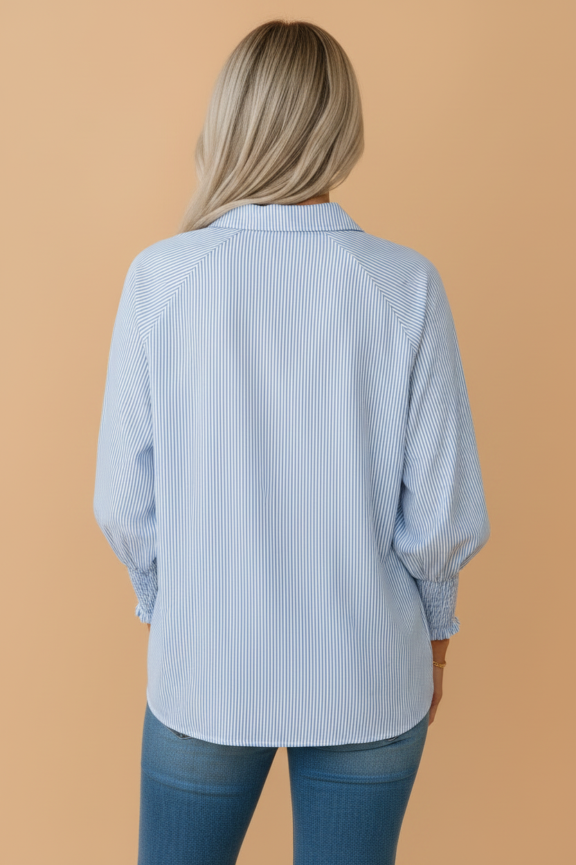 Stripe Buttoned Collar Smocked Long Sleeve Blouse