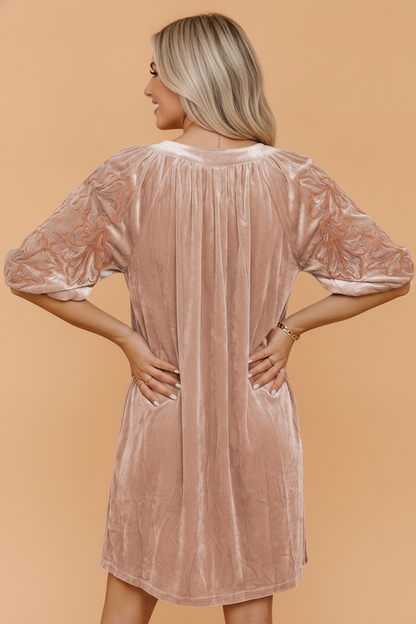 Solid Floral Embroidered Velvet Puff Sleeve Mini Dress