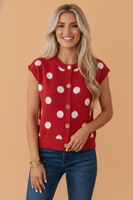 Polka Dot Sleeveless Buttoned Sweater Knit Top