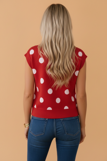 Polka Dot Sleeveless Buttoned Sweater Knit Top