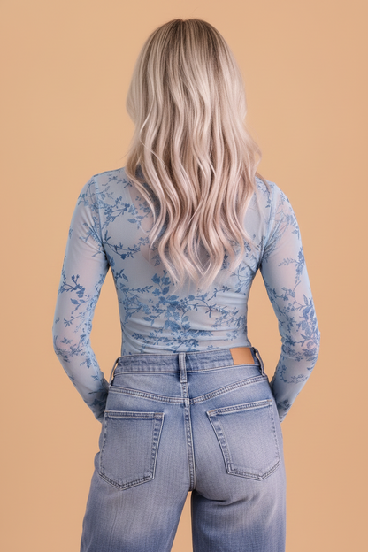 Floral Sheer Mesh Mock Neck Long Sleeve Bodysuit