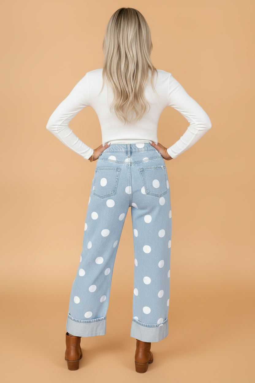 Polka Dot Denim Folded Hem High Waist Jeans