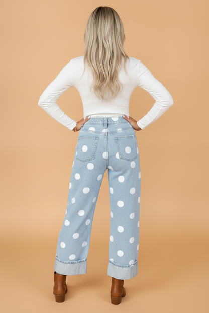 Polka Dot Denim Folded Hem High Waist Jeans