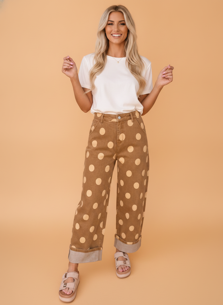 Polka Dot Denim Folded Hem High Waist Jeans