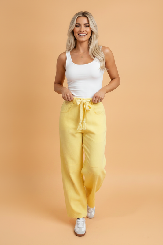 Solid Denim Grommet Tie Waist Barrel Leg Jeans