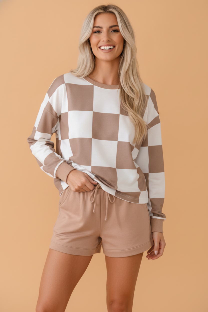Checker Long Sleeve Top & Drawstring Shorts Set