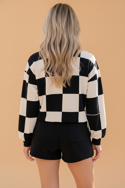 Checker Long Sleeve Top & Drawstring Shorts Set