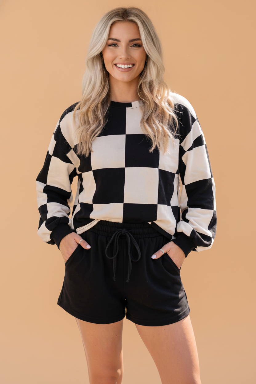Checker Long Sleeve Top & Drawstring Shorts Set