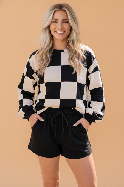 Checker Long Sleeve Top & Drawstring Shorts Set