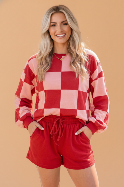Checker Long Sleeve Top & Drawstring Shorts Set