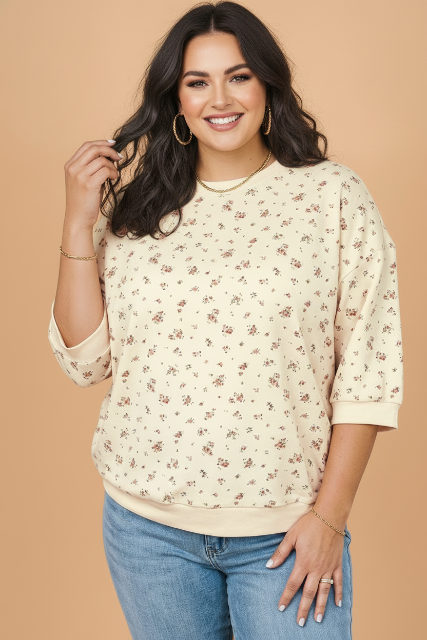 Plus Size Floral Colorblock Trim 3/4 Sleeve Blouse