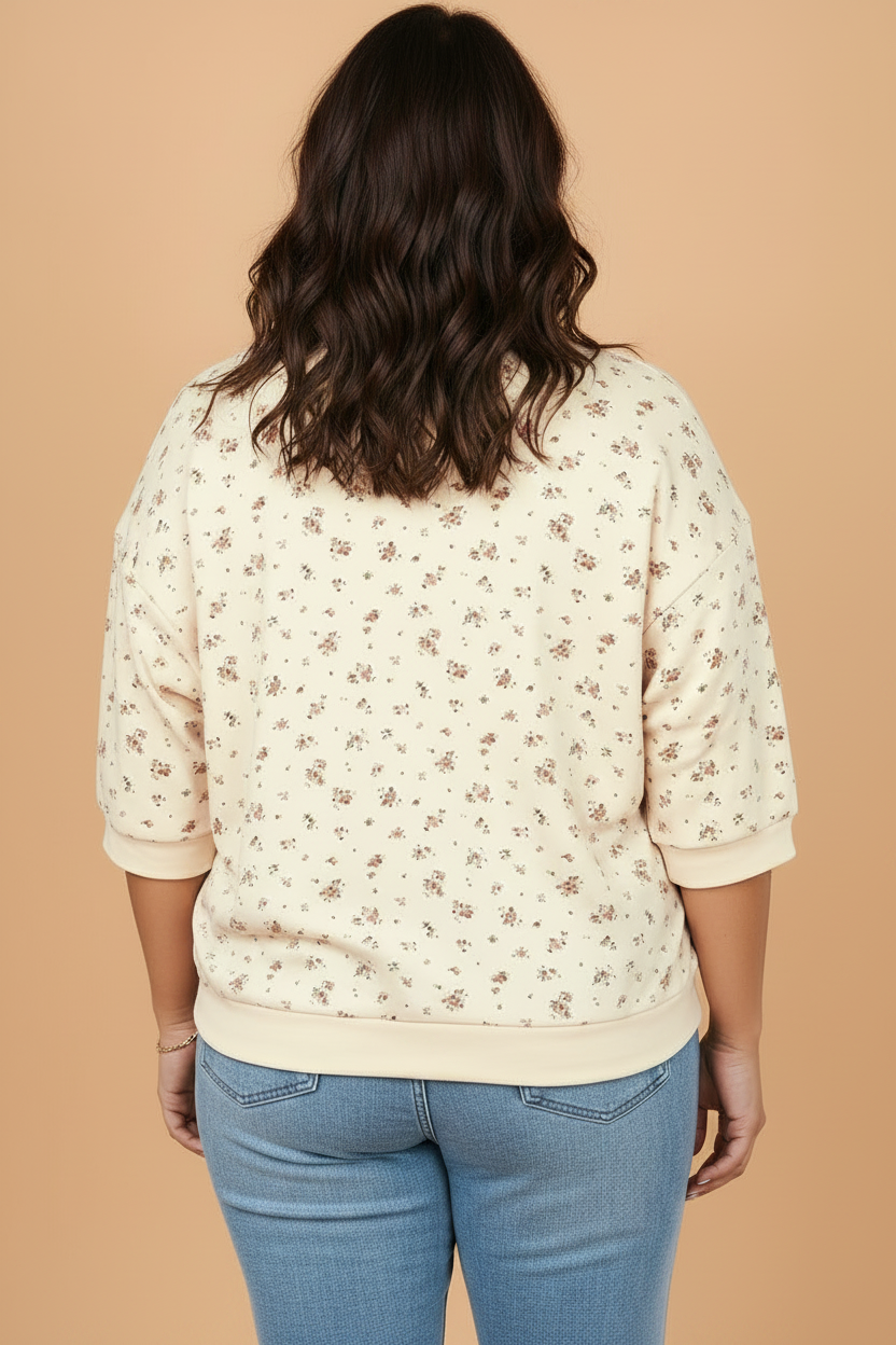 Plus Size Floral Colorblock Trim 3/4 Sleeve Blouse