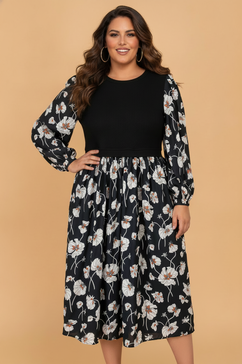 Plus Size Floral Ribbed Patchwork Long Sleeve Midi Dress