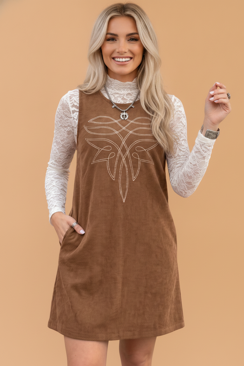 Western Embroidered Corduroy Sleeveless Mini Dress