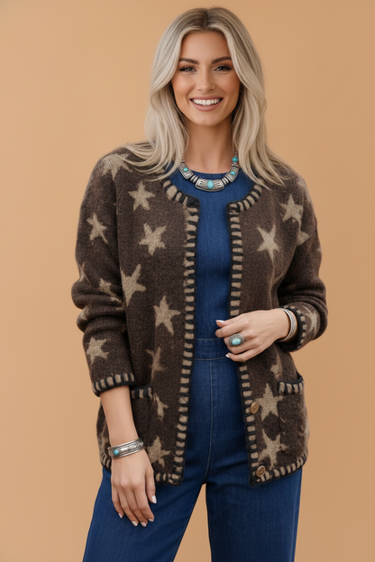 Star Stripe Trim Long Sleeve Open Front Cardigan