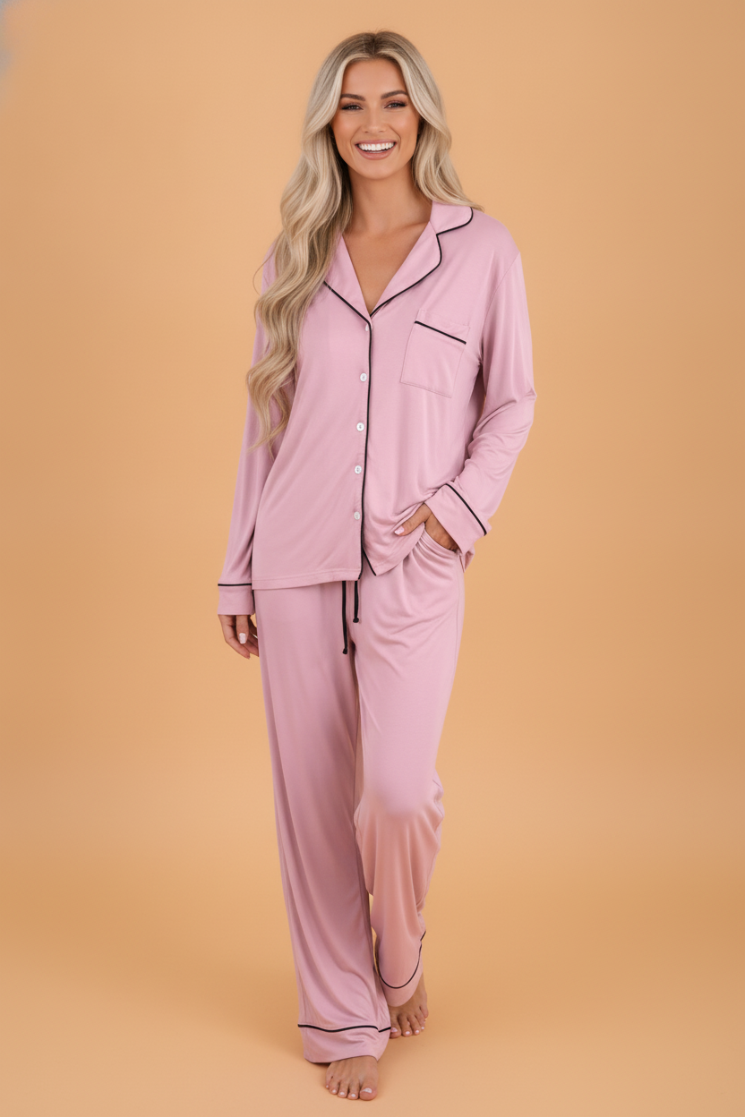 Contrast Trim Long Sleeve Top & Pants Pajama Set